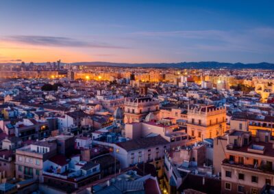 Rooftop view across the city of Valencia at dusk