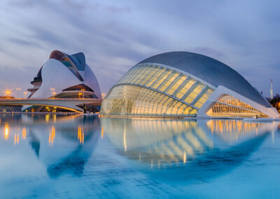 La Ciudad de las Artes y las Ciencias - The City of Arts and Sciences in Valencia reflecting in the water at dusk