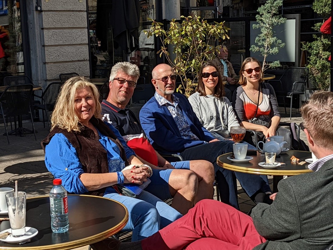 A group of students enjoying a well deserved drink in France!