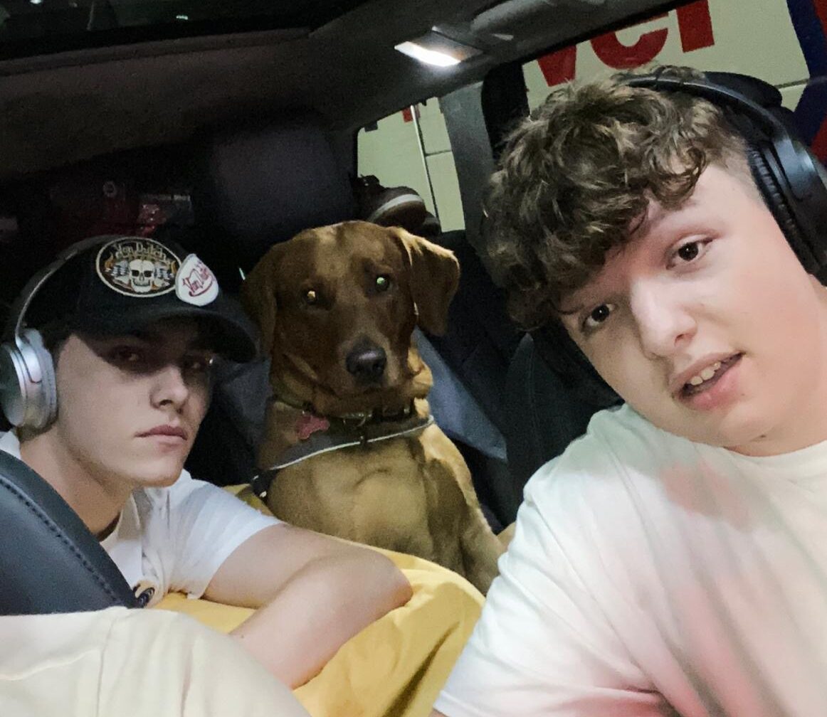 Two teenage boys wearing headphones in a car taking a selfies with a dog