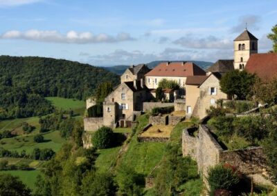 A village on the cliff overlooking green landscape