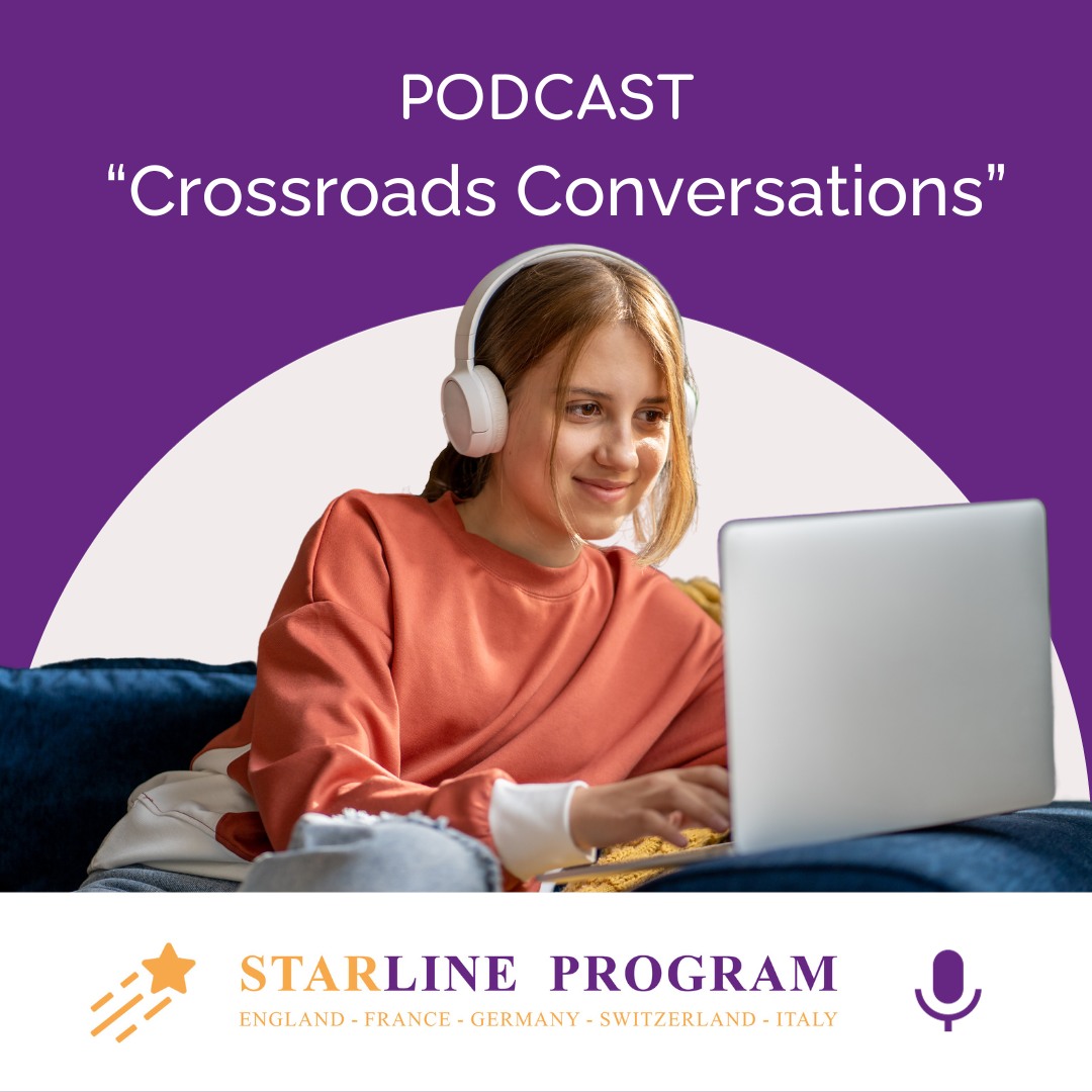 A young girl sitting on a laptop wearing headphones with the title 'Crossroads conversations' Starline Program