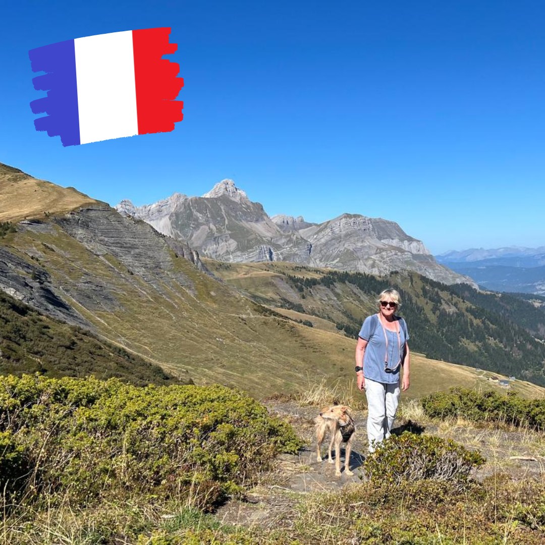 A woman with her dog strolling through the mountains