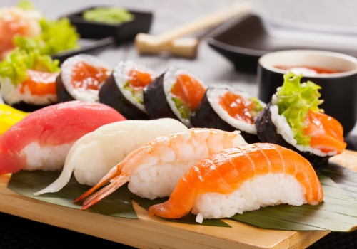 Japanese sushi laid on a table