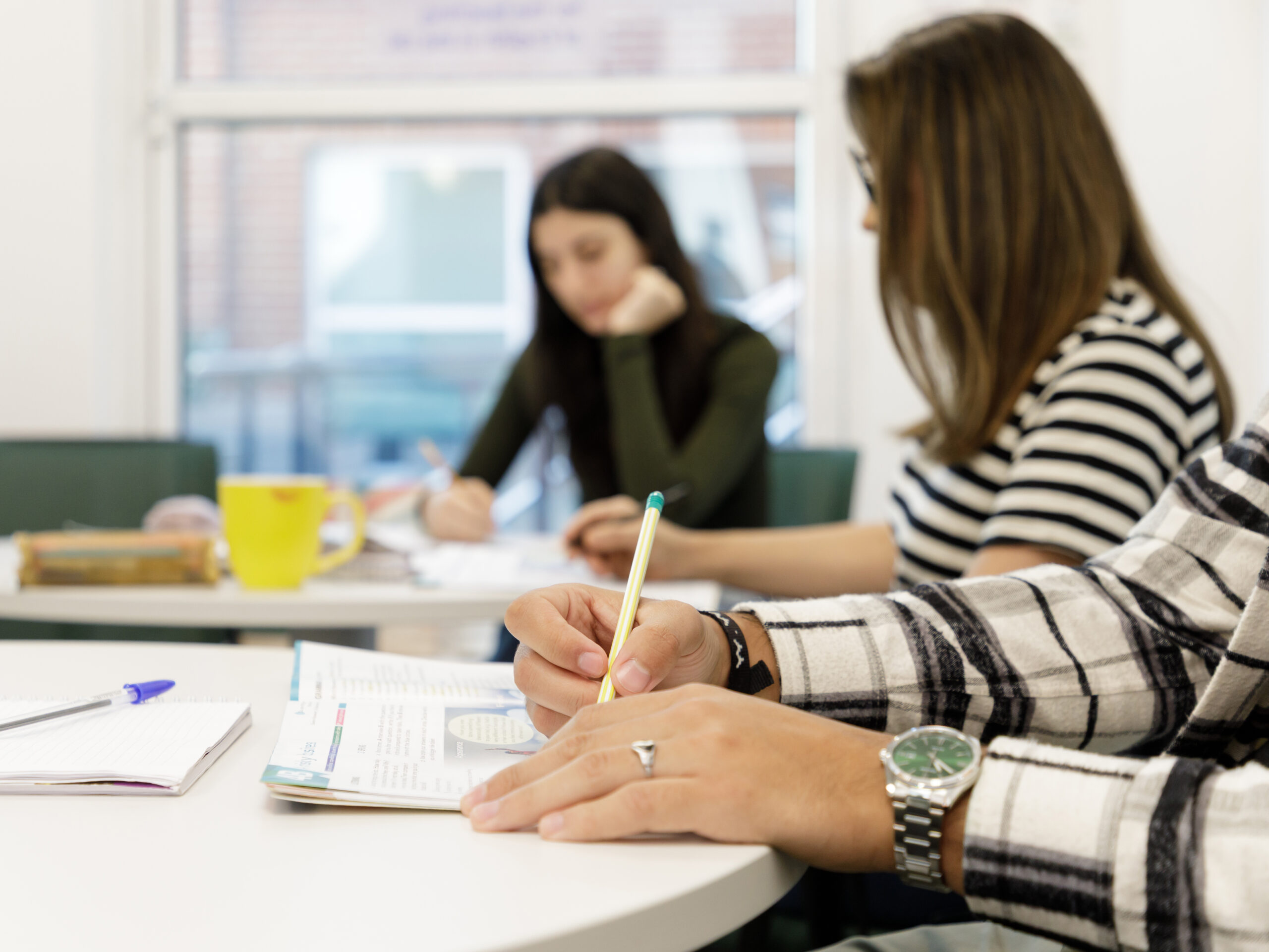A language teacher giving two people a lesson in a classroom
